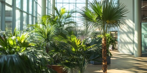 Sunlit atrium with lush tropical plants.