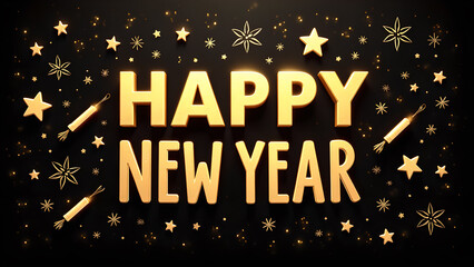 Happy New Year golden text with stars and snowflakes. Concept of celebration, holiday, and new beginnings.