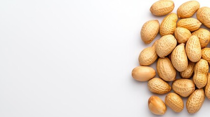 Obraz premium A photostock of a handful of raw peanuts still in their shells, spread naturally on a seamless white background, symbolizing snacking and simplicity. High Quality