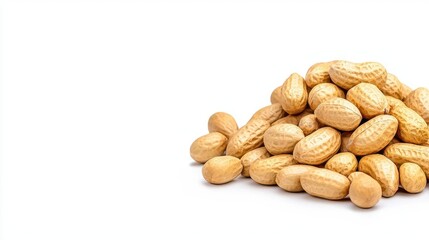 Obraz premium A photostock of a handful of raw peanuts still in their shells, spread naturally on a seamless white background, symbolizing snacking and simplicity. High Quality
