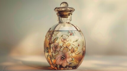 Artistic bottle mock-up with decorative elements, soft colors, vintage feel