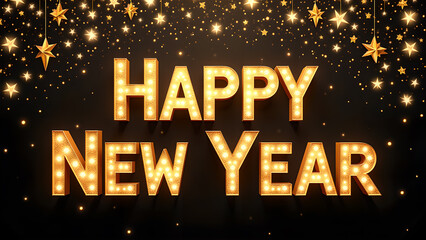 Happy New Year light bulb lettering with gold stars. Concept of celebration, new year, and holiday.
