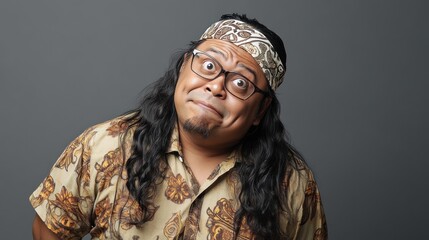 Obraz premium Funny man with long hair, patterned shirt, and headband, making a confused or surprised expression.