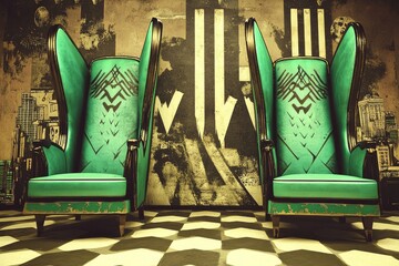 Two elegant teal armchairs stand against a grunge city backdrop