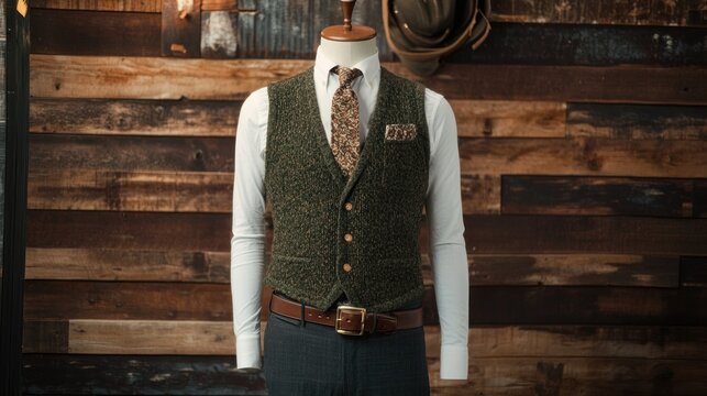 Men's olive green textured waistcoat, white shirt, and grey trousers displayed on a mannequin against a rustic wooden background.