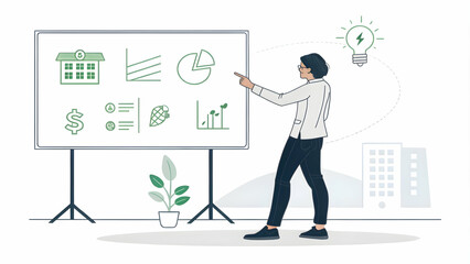 Entrepreneur Presenting Sustainable Finance Plan on Whiteboard in Minimalist Setting Symbolizing Innovative Green Strategies