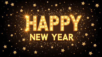 Happy New Year golden sign with shiny glitter and stars. Concept of celebration, holiday, and new beginnings.