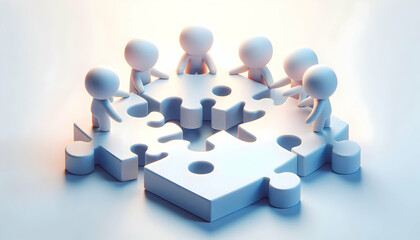 3D Soft abstract digital art with team connecting puzzle pieces copy space below. concept as A soft abstract digital art scene of a team connecting puzzle pieces symbolizing collaboration and problem 