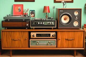 Obraz premium Vintage Stereo System On Wooden Cabinet