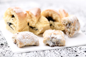 Stollen Bites on bright background. Soft focus. Close up.