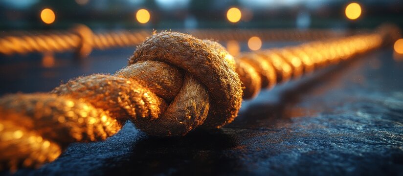 Close-up of a golden rope knot at night.