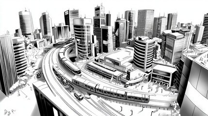 Monochrome Cityscape with Elevated Train