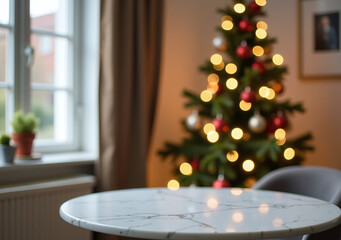 cozy decor bokeh frame marble table christmas tree
