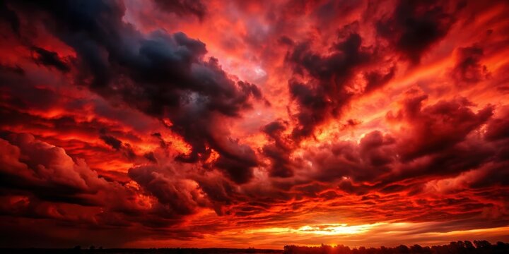 Dramatic red sky with black ominous clouds, dramatic, red, sky, black, ominous, clouds, stormy, weather, dark
