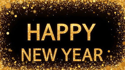Happy New Year golden text with glitter. Concept of celebration, holiday, and new beginnings.