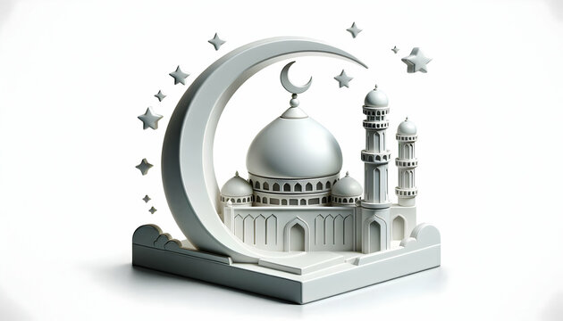 recommend clip art: 3D Vector image of a mosque silhouette with a large crescent moon isolated on white background. concept as A clean vector illustration depicting the silhouette of a mosque with a prominent crescent mo