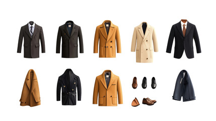 A Collection of Coat in Various Styles and Sizes, Neatly Arranged on a Blank Canvas, Perfect for Creative Designs