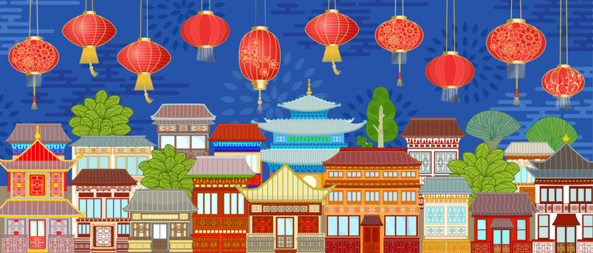 panoramic night chinese cityscape with hanging red lanterns gold floral decorated. asian town with buildings of traditional decorative walls, doors, roofs and trees.