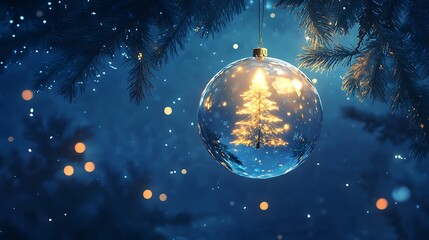 Fototapeta premium Snow ball with Christmas tree glowing and suspended from fir branch sparkling against deep blue night