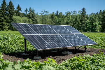 Rural solar panel array in a field, generating clean energy.