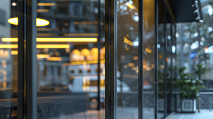 Bold shopfront logo on a modern glass window, urban setting