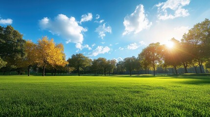Fototapeta premium Colorful autumn Park with city view red and yellow maple trees and blue sky,Autumn forest path,Lawn in autumn city park in Sunny day,Trees with yellow leaves in park,Natural Wallpaper.