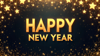 Happy New Year golden text with glowing stars. Concept of celebration, holiday, and new beginnings.