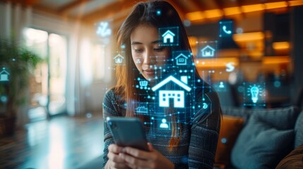Woman using smartphone with smart home interface overlays.