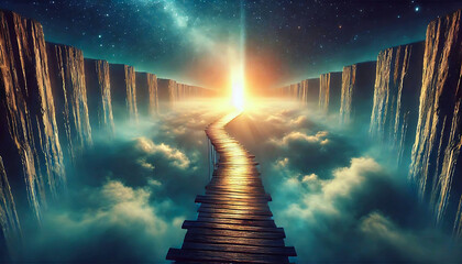 Suspended Bridge Reaching Radiant Light  
