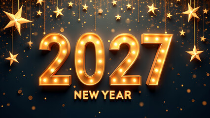 2027 New Year Celebration Background with Gold Stars. Concept of New Year's Eve.