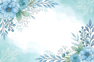 Blue watercolor floral frame background vector with a golden border on a white background, blue flowers decoration for a wedding invitation and card design template illustration