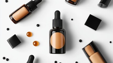 Obraz premium Bottles of makeup foundation and cushion,Collection of skin foundation bottles in different shades and samples on color background,makeup essentials,Cushion Foundation liquid and swatche,copy space.