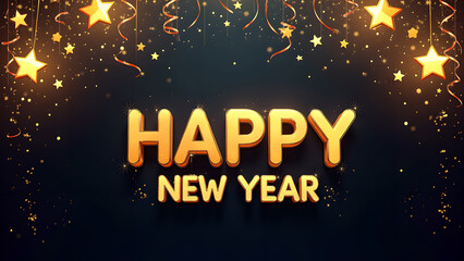 Happy New Year Celebration with Golden Stars and Confetti. Concept of New Year's Eve, Party, and Celebration.