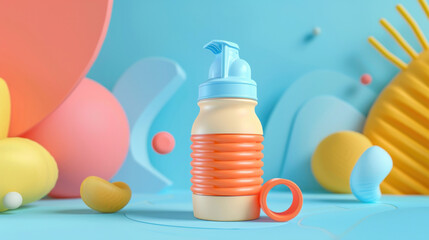 Child-safe bottle mock-up with safety cap, bright colors, on a playful background