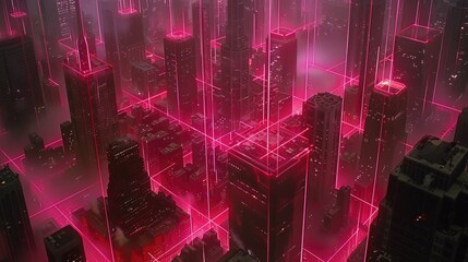 Futuristic city skyline at night with glowing pink grid network.