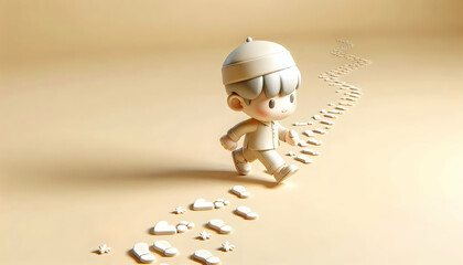 3D Plain beige background with footprints leading forward and copy space below. concept as A minimalist image featuring a plain beige background with a trail of footprints moving forward symbolizing p