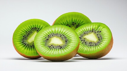 A photostock of sliced ripe kiwi arranged artistically on a seamless white background, showcasing its bright green flesh and natural beauty. High Quality