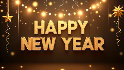 Happy New Year golden text with lights and stars. Concept of celebration, new beginnings, and holidays.