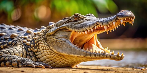 Fototapeta premium Wide open mouth of a crocodile in a natural habitat, crocodile, reptile, predator, wildlife, dangerous, teeth, jaws, aggressive