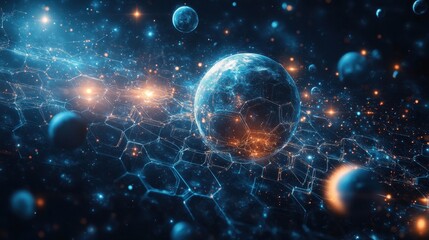 Obraz premium Celestial dance of planets and stars amidst a cosmic web of light and energy in a vibrant universe