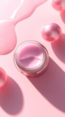 Fototapeta premium Pink Cream Jar with Spilled Cream and Spheres