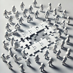 3D Plain background with monochrome team silhouettes solving puzzle copy space on top. concept as Plain background featuring monochrome team silhouettes solving a puzzle representing unity and collect