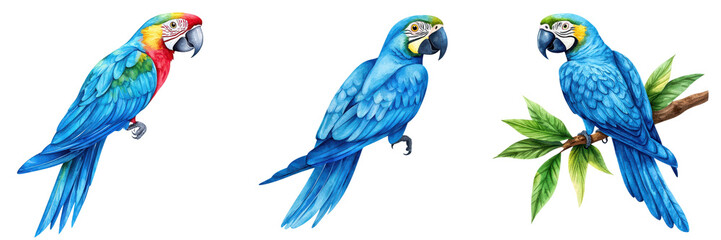 Fototapeta premium Colorful of Vibrant Blue Macaw Parrots Perching on Lush Tropical Leaves and Branches Vivid Feathers and Beaks of the Exotic Ara Bird Against a Natural Jungle Foliage Background
