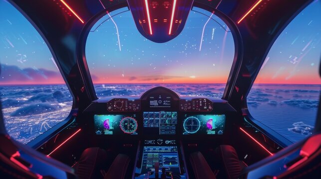 Futuristic spacecraft cockpit with control panel overlooking mesmerizing galaxies for exploration