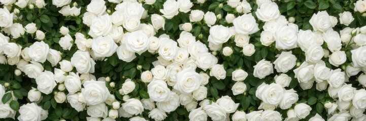 A lush, overflowing bush of pristine white roses in full bloom, blooming roses, blossom