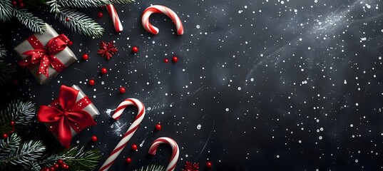 A black chalkboard-like background with bright white chalk-style Christmas designs, candy canes, and tiny red bows