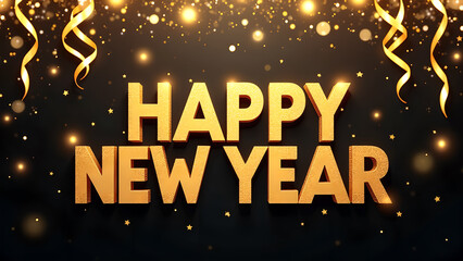 Happy New Year golden text with confetti. Concept of celebration, holiday, and new beginnings.