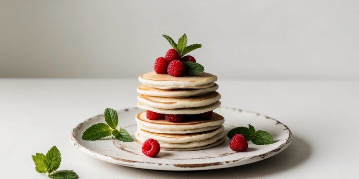 Whimsical Stacked Pancakes with Raspberries and Mint