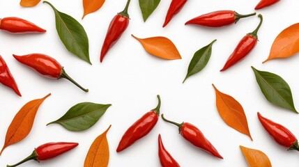 A photostock of vibrant cherry red chili peppers laid out on a seamless white background, symbolizing spice and culinary excitement. High Quality
