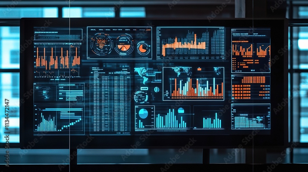 Poster modern digital interface with data visualization on computer screen